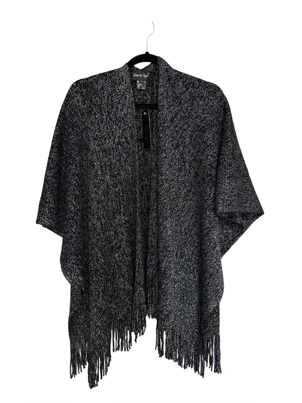 NEW Step in Style Black Silver Metallic Fringe Knit Poncho Wrap - Size S/M